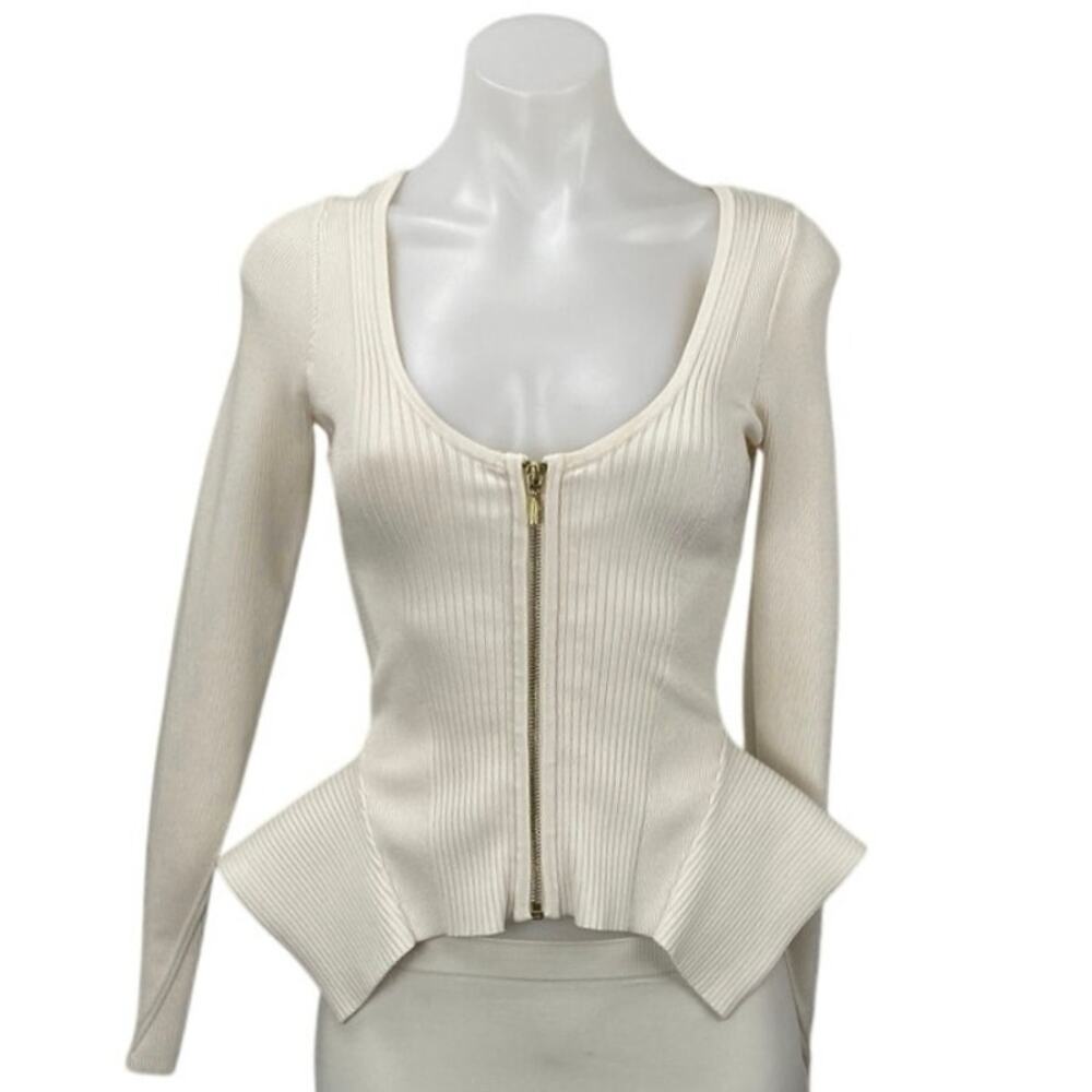 Guess Ivory Ribbed Knit Scoop Neck Long Sleeve Zip Peplum Cardigan Sweater Top M